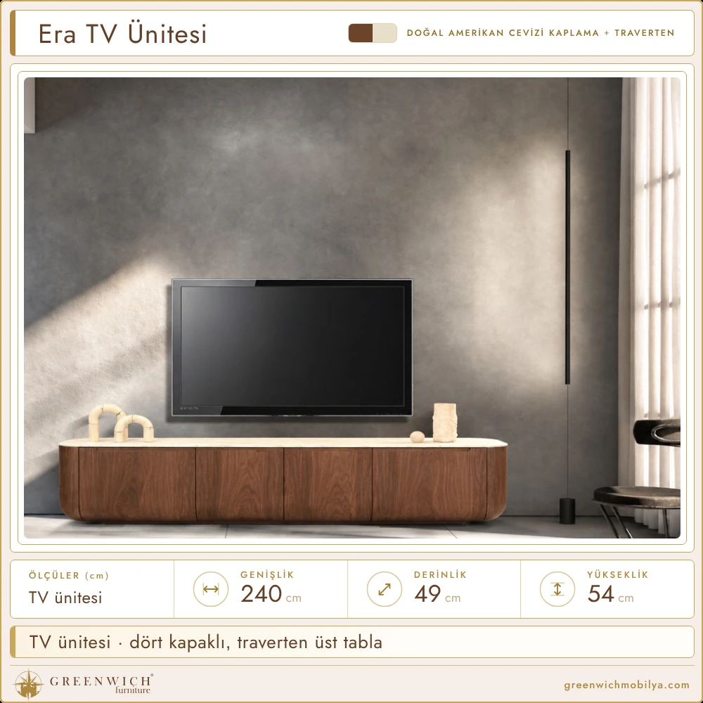 Era amerikan cevizi TV ünitesi, dört kapaklı, traverten üst tabla, ortam