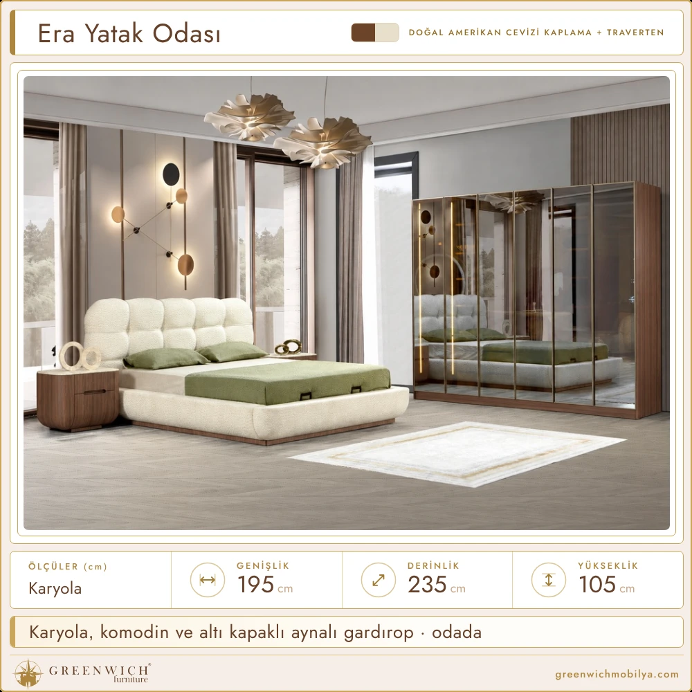 Era amerikan cevizi yatak odası, karyola, komodin ve aynalı gardırop ortamı