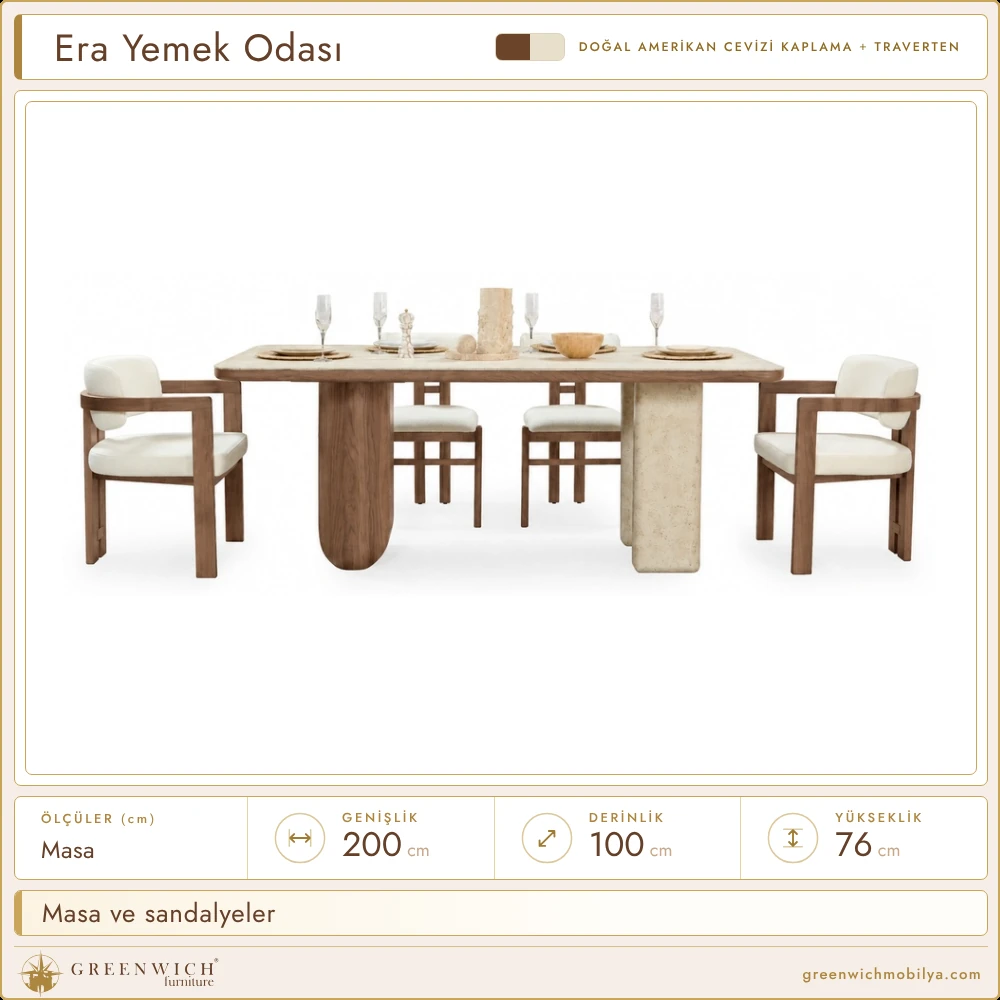 Era amerikan cevizi yemek odası, traverten üstlü masa ve kollu sandalyeler