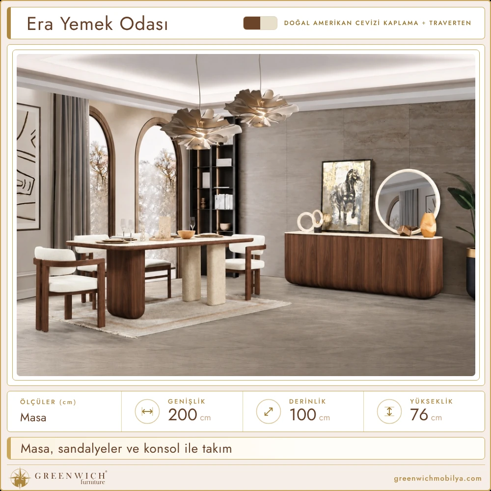Era amerikan cevizi yemek odası takımı, masa, sandalye ve konsol ortamı