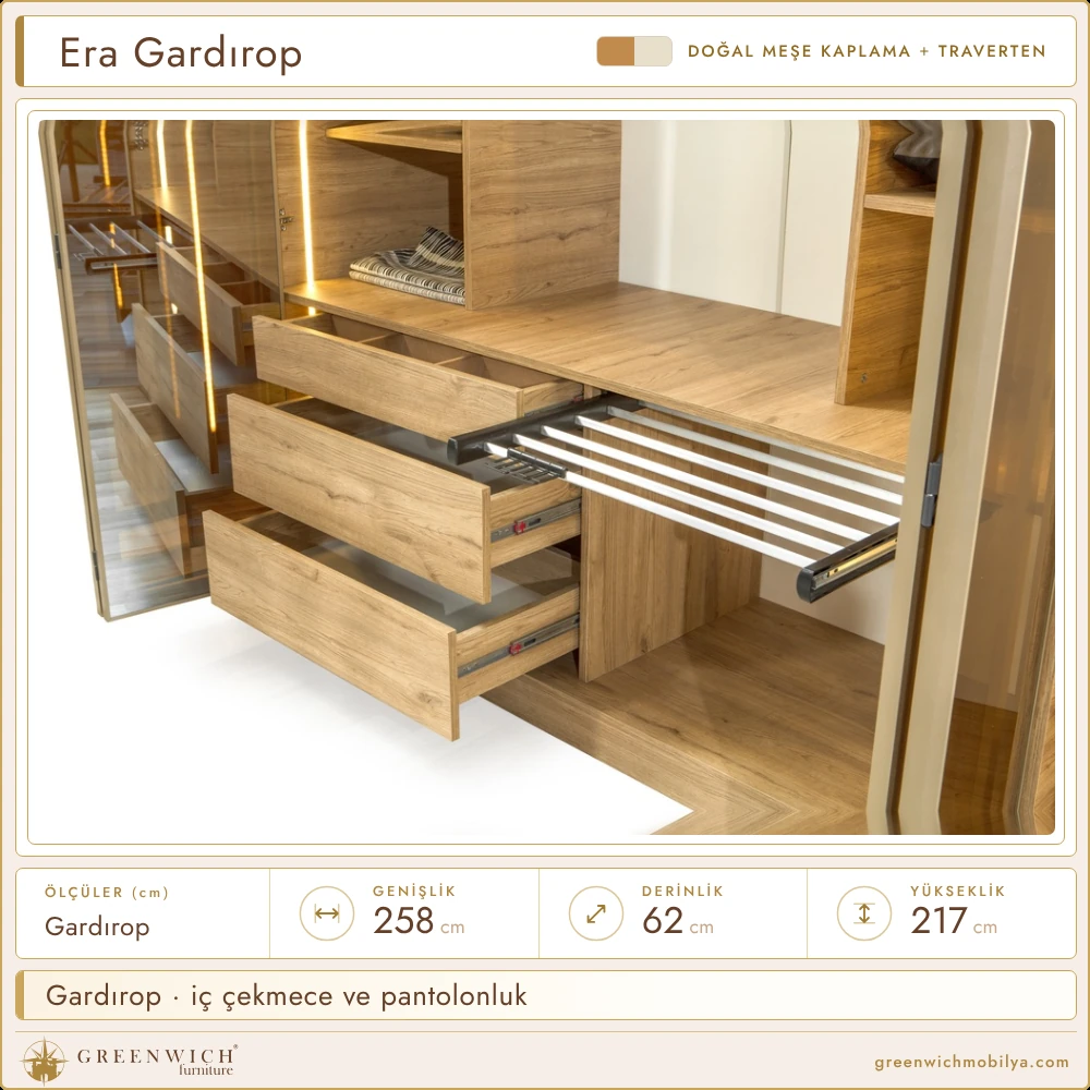Era meşe gardırop, iç çekmece ve pantolonluk detayı