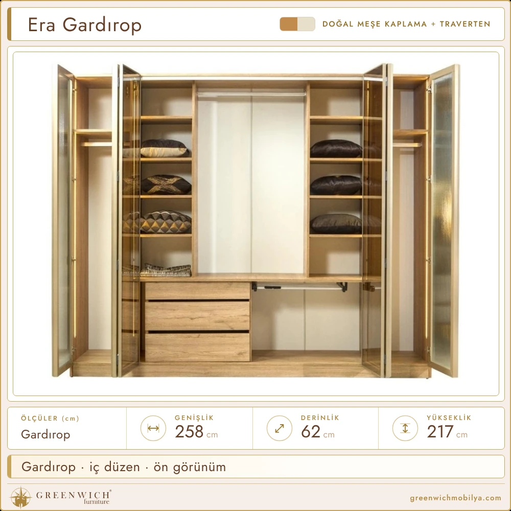 Era meşe gardırop, iç düzen ön görünüm