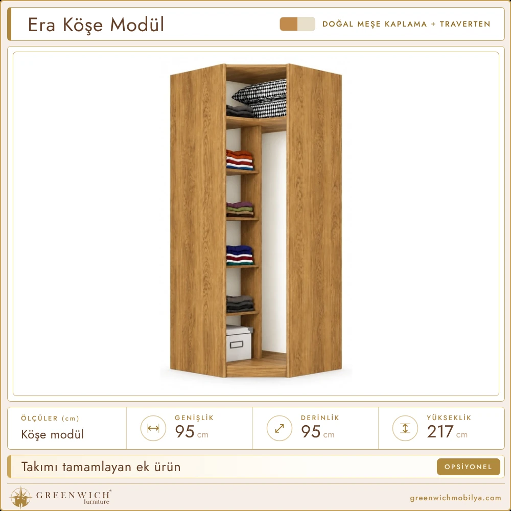 Era meşe gardırop köşe modülü, opsiyonel