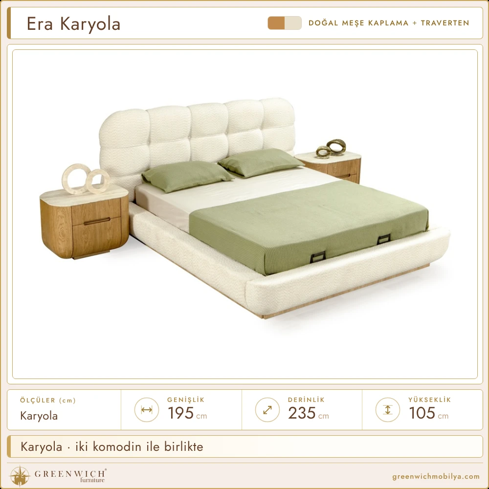 Era meşe karyola, kapitone bouclé başlık ve iki komodin