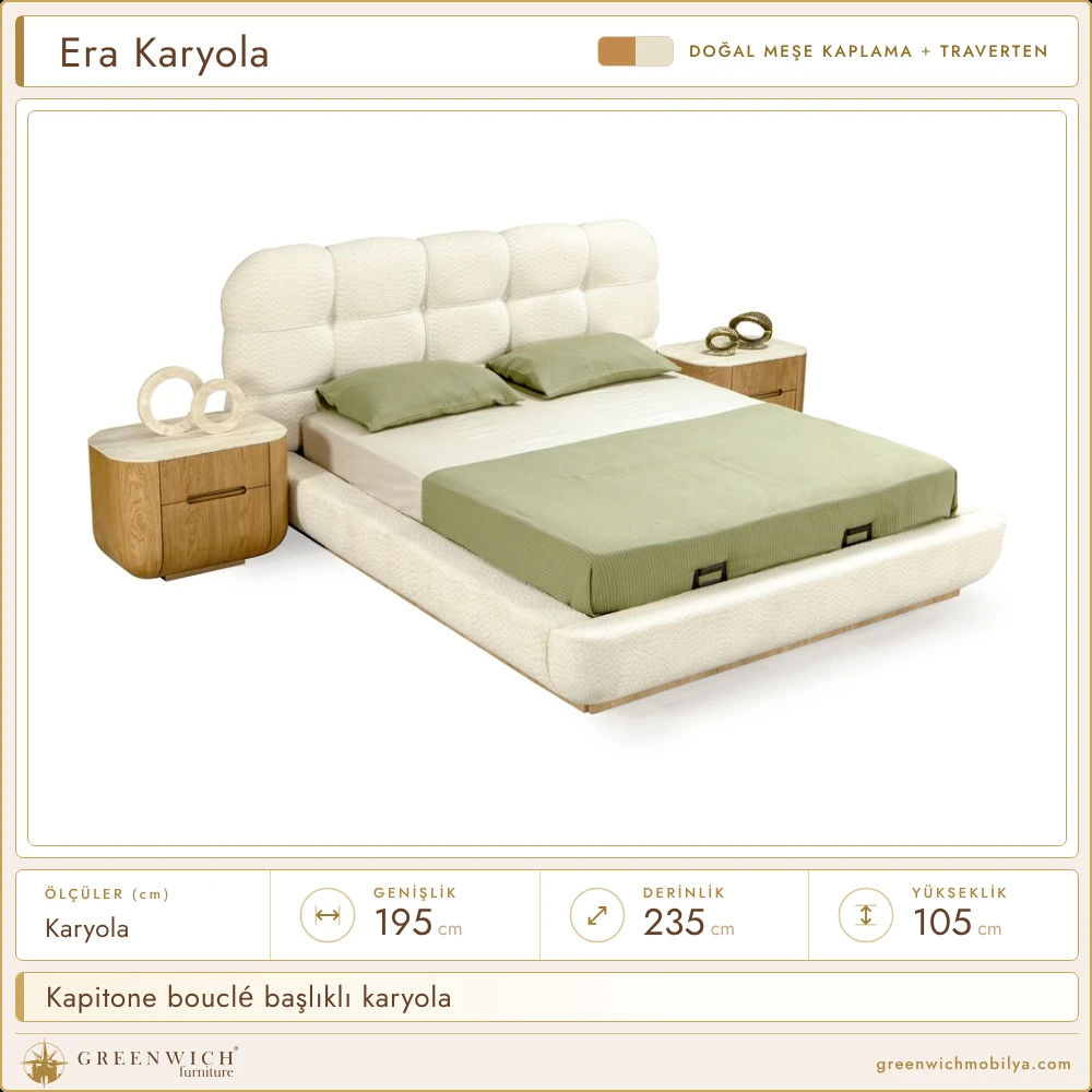 Era meşe karyola, kapitone bouclé başlık, yan açı