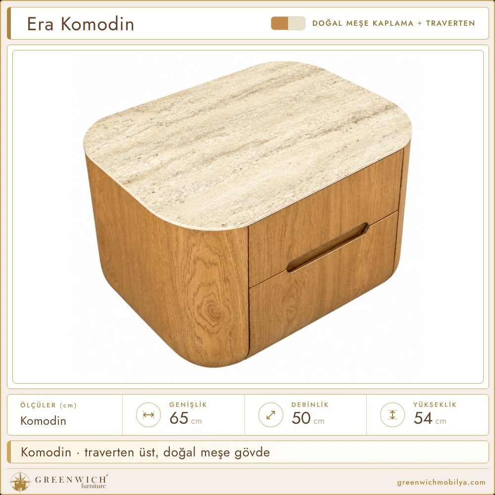 Era meşe komodin, traverten üst tabla