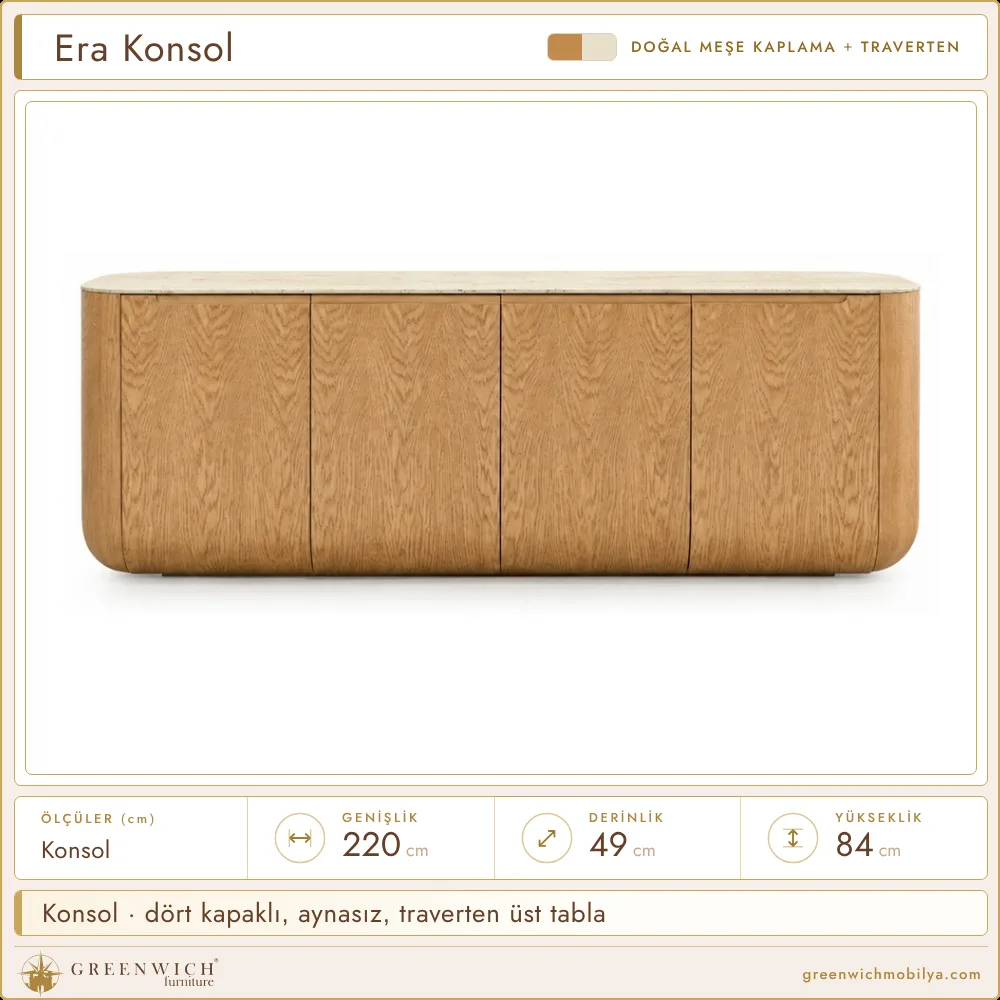 Era meşe konsol, dört kapaklı, aynasız, traverten üst tabla