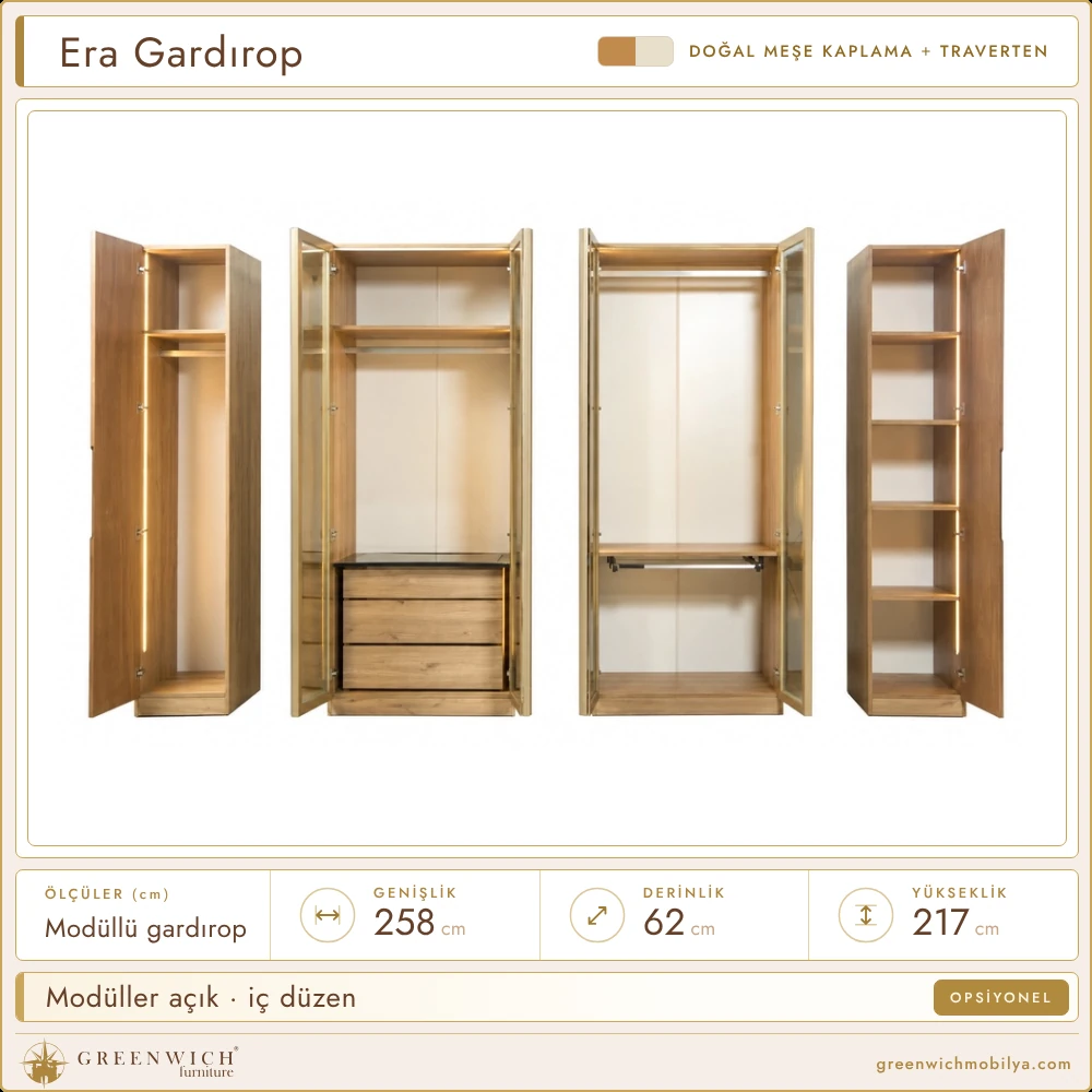 Era meşe modüllü gardırop, modüller açık, opsiyonel