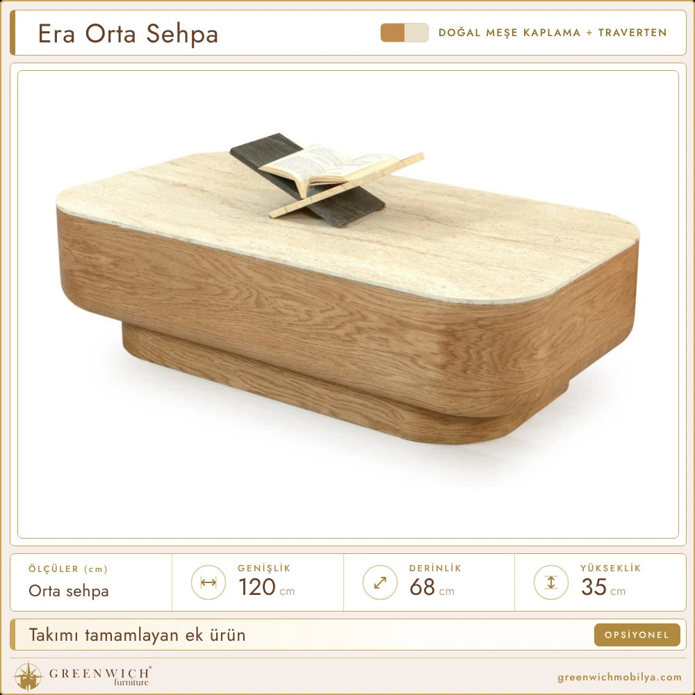 Era meşe orta sehpa, traverten üst tabla, aksesuarlı