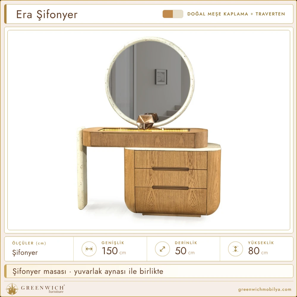 Era meşe aynalı şifonyer masası, traverten üst tabla