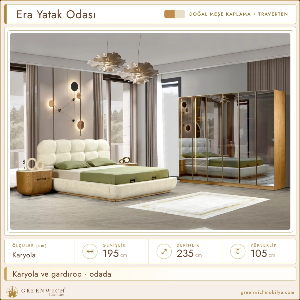 Era meşe yatak odası, karyola ve gardırop ortamı