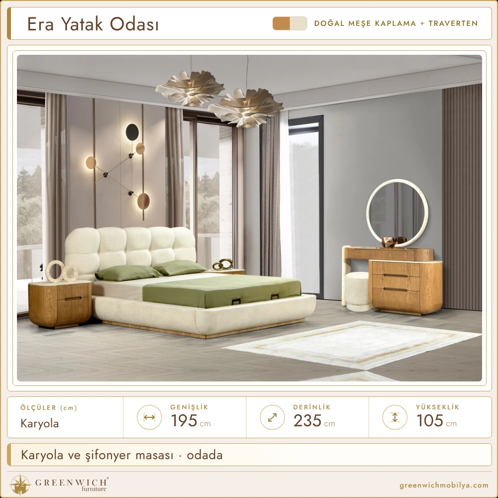 Era meşe yatak odası, karyola ve şifonyer masası ortamı