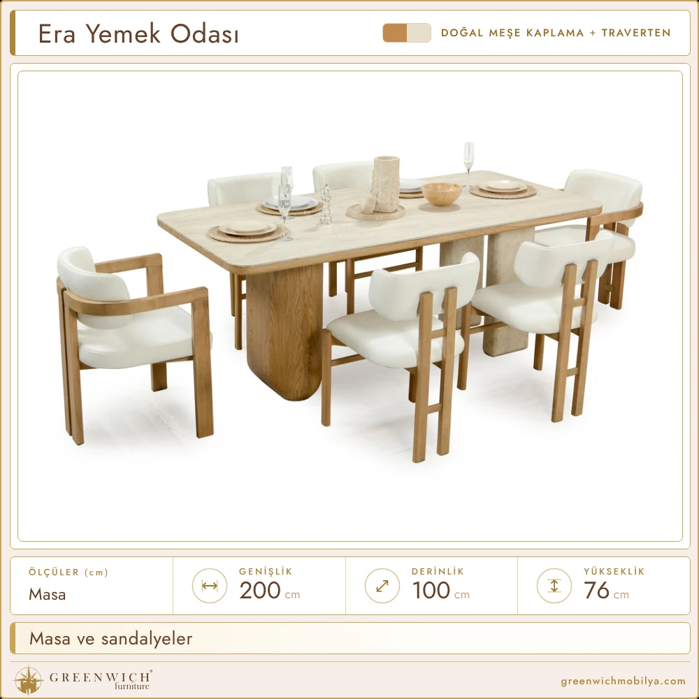 Era meşe yemek odası, traverten üstlü masa ve kollu sandalyeler