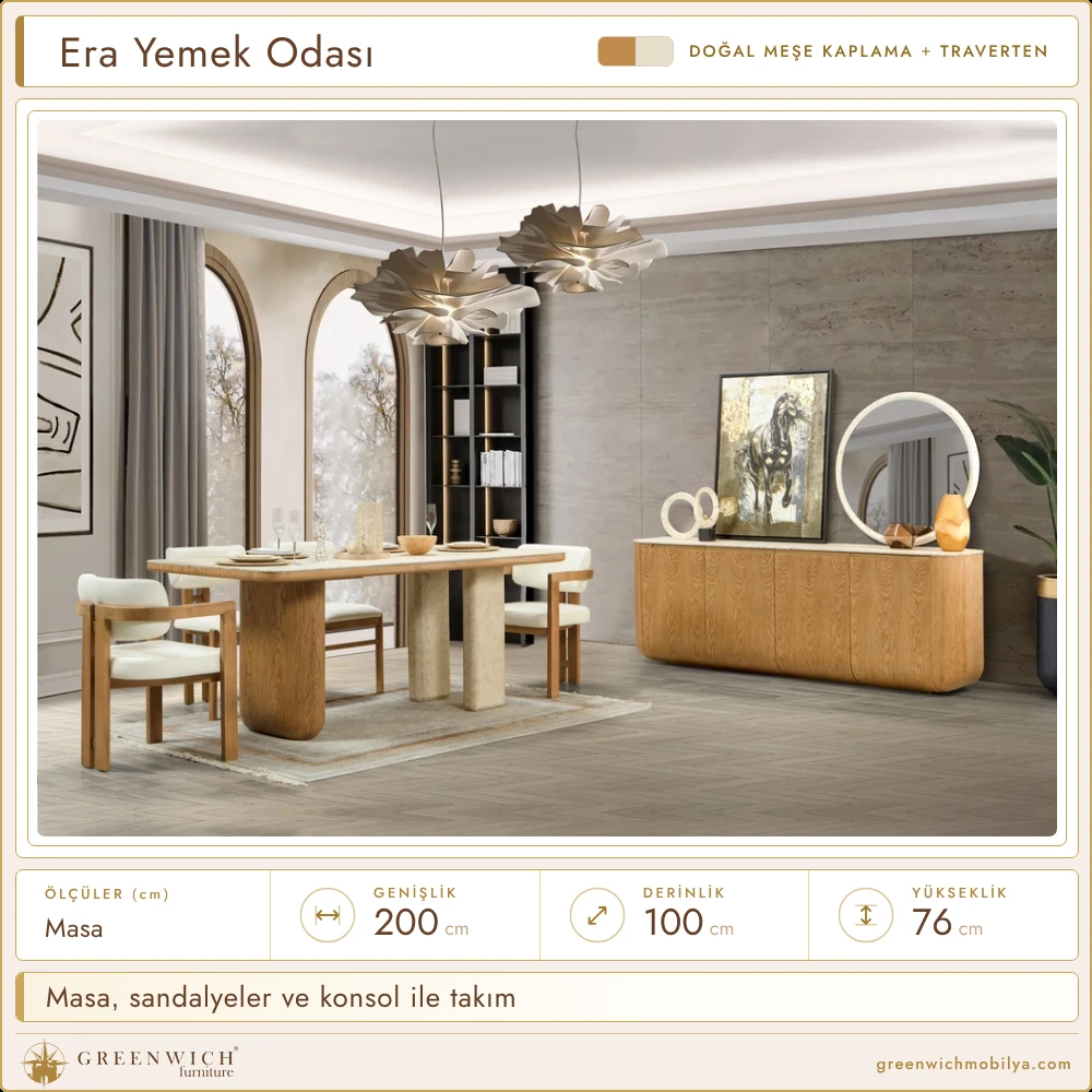 Era meşe yemek odası takımı, masa, sandalye ve konsol ortamı