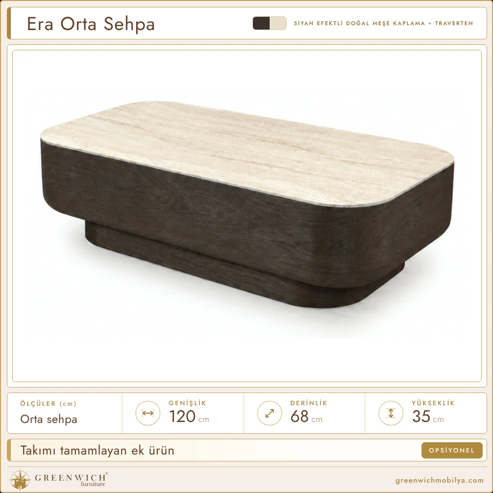 Era siyah orta sehpa, siyah efektli meşe gövde, traverten üst tabla