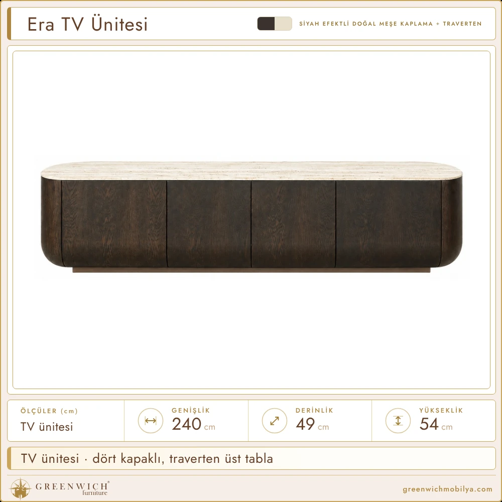 Era siyah TV ünitesi, dört kapaklı, traverten üst tabla