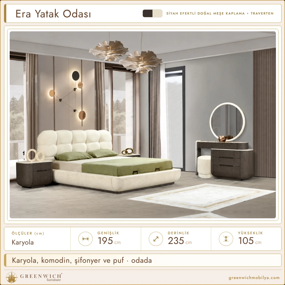 Era siyah yatak odası takımı, karyola, komodin, aynalı şifonyer ve puf ortamı