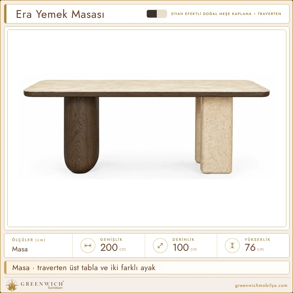 Era siyah yemek masası, traverten üst tabla, meşe ve traverten ayaklar