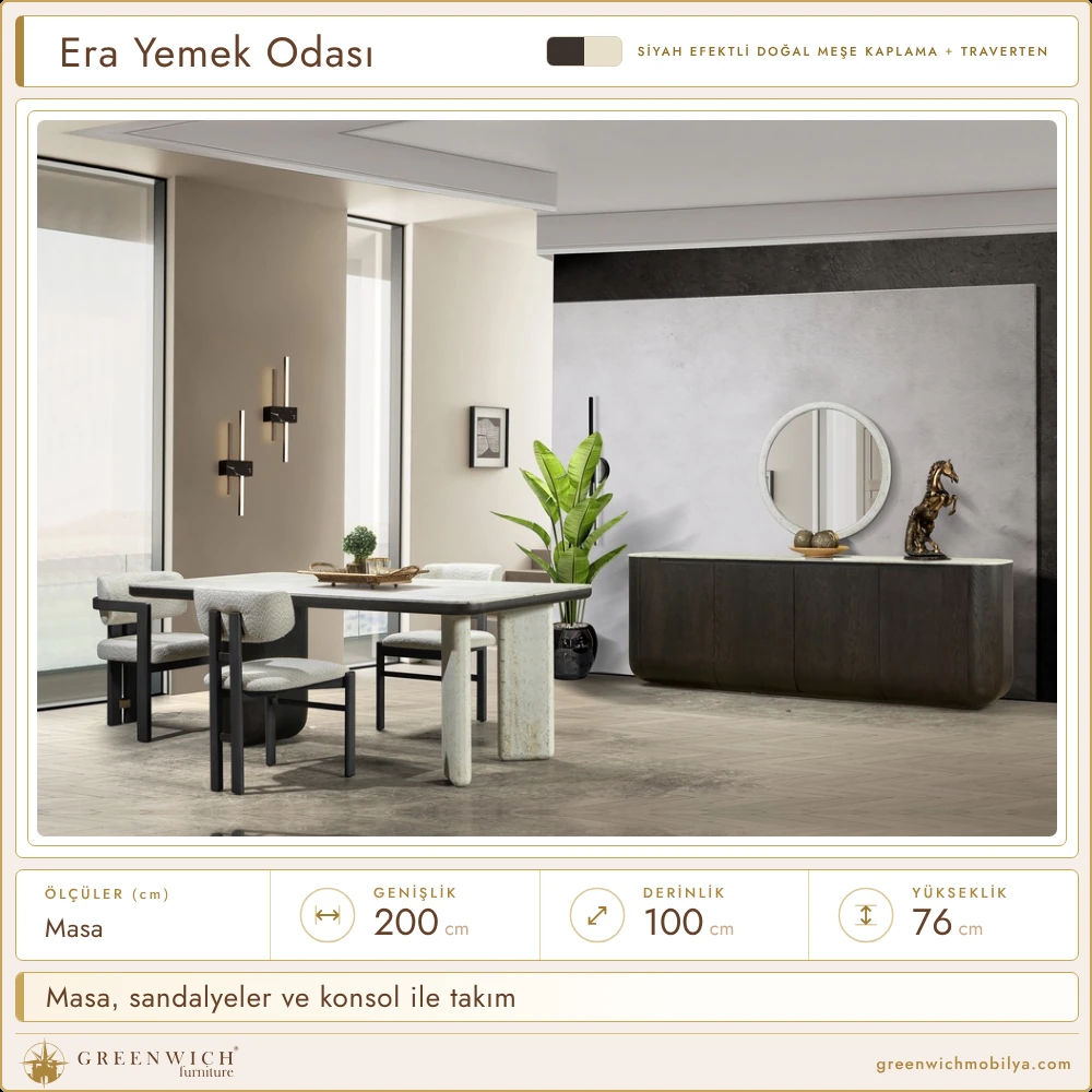 Era siyah yemek odası takımı, masa, sandalye ve aynalı konsol ortamı