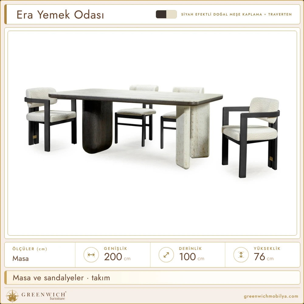 Era siyah yemek odası, traverten üstlü masa ve bouclé döşemeli kollu sandalyeler