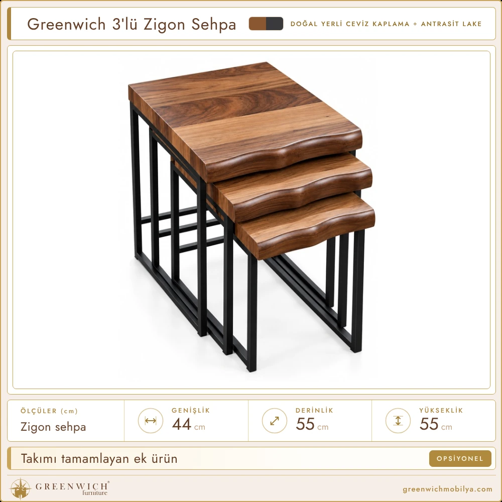 Greenwich 3'lü zigon sehpa, doğal kenarlı ceviz üst ve çelik ayak