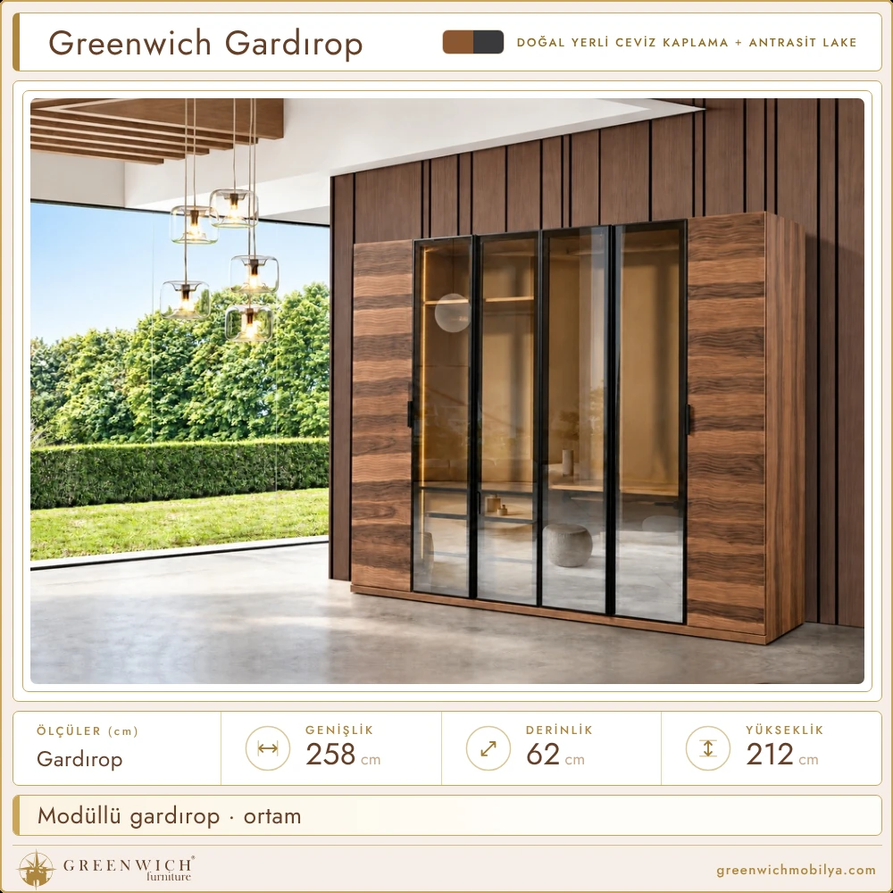Greenwich modüllü gardırop, camlı kapaklı, ortam