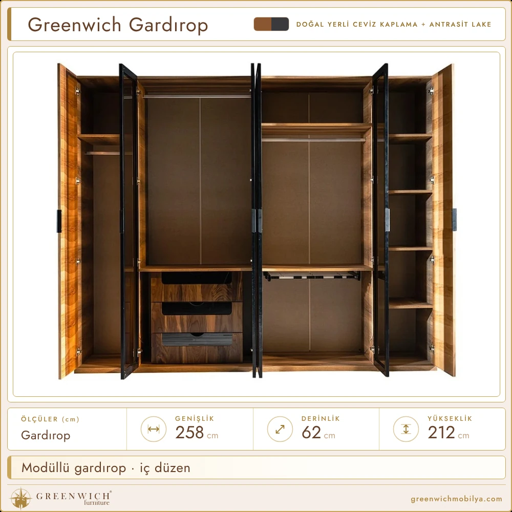 Greenwich modüllü gardırop, açık, iç düzen