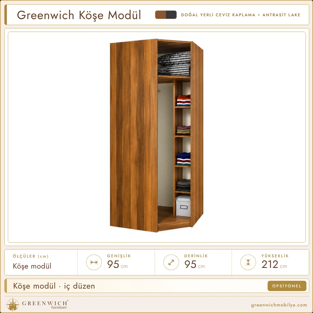 Greenwich gardırop köşe modülü, iç düzen