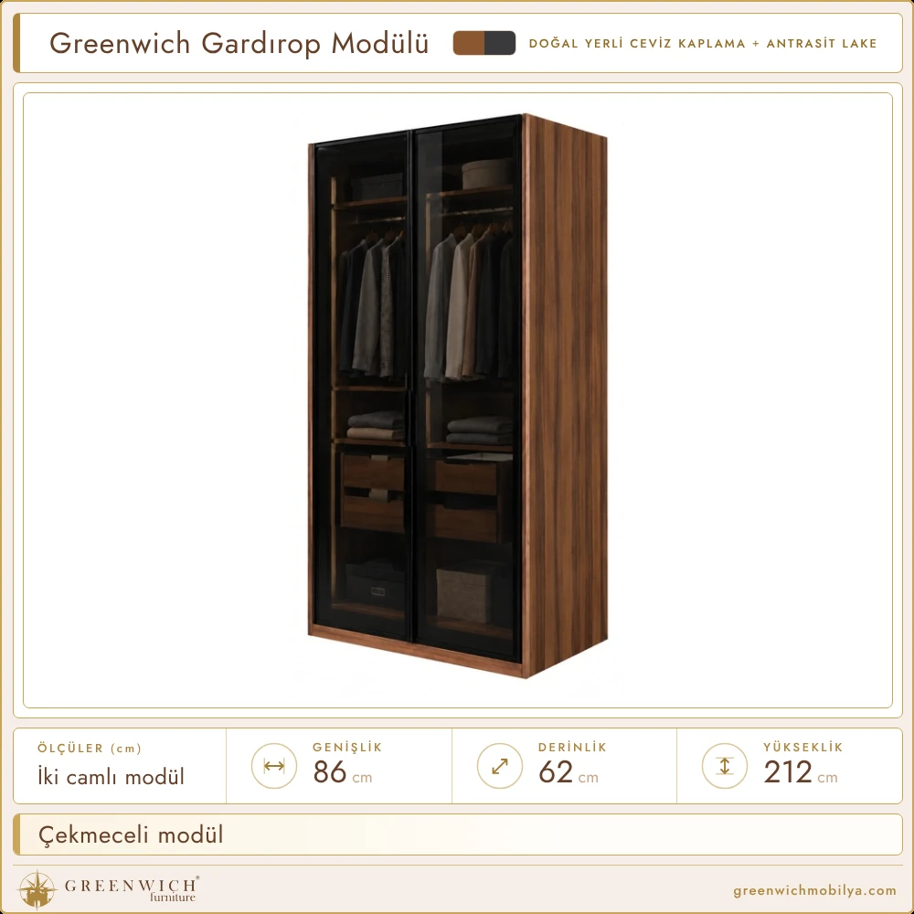 Greenwich gardırop modülü, iki cam kapaklı, çekmeceli