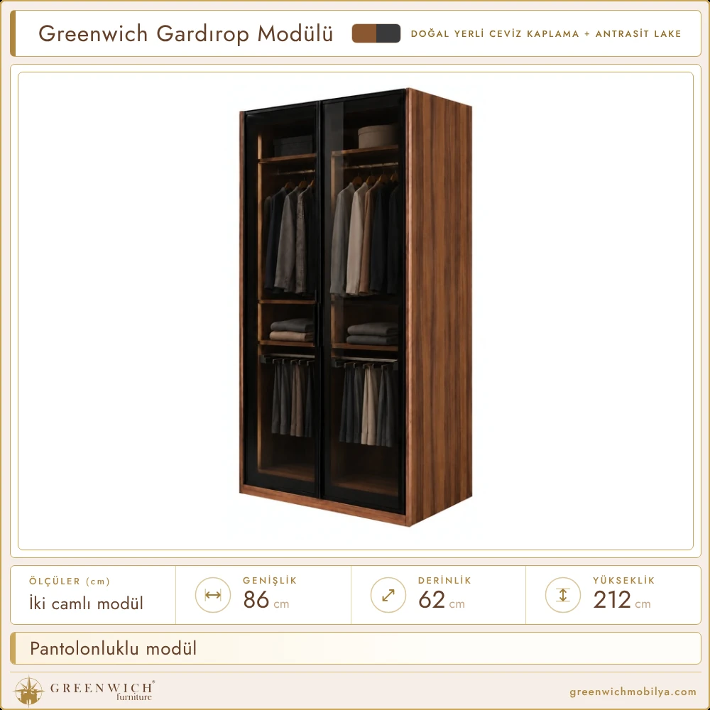 Greenwich gardırop modülü, iki cam kapaklı, pantolonluklu