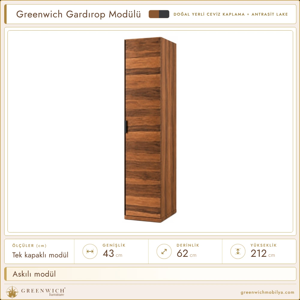 Greenwich gardırop modülü, tek kapaklı, askılı