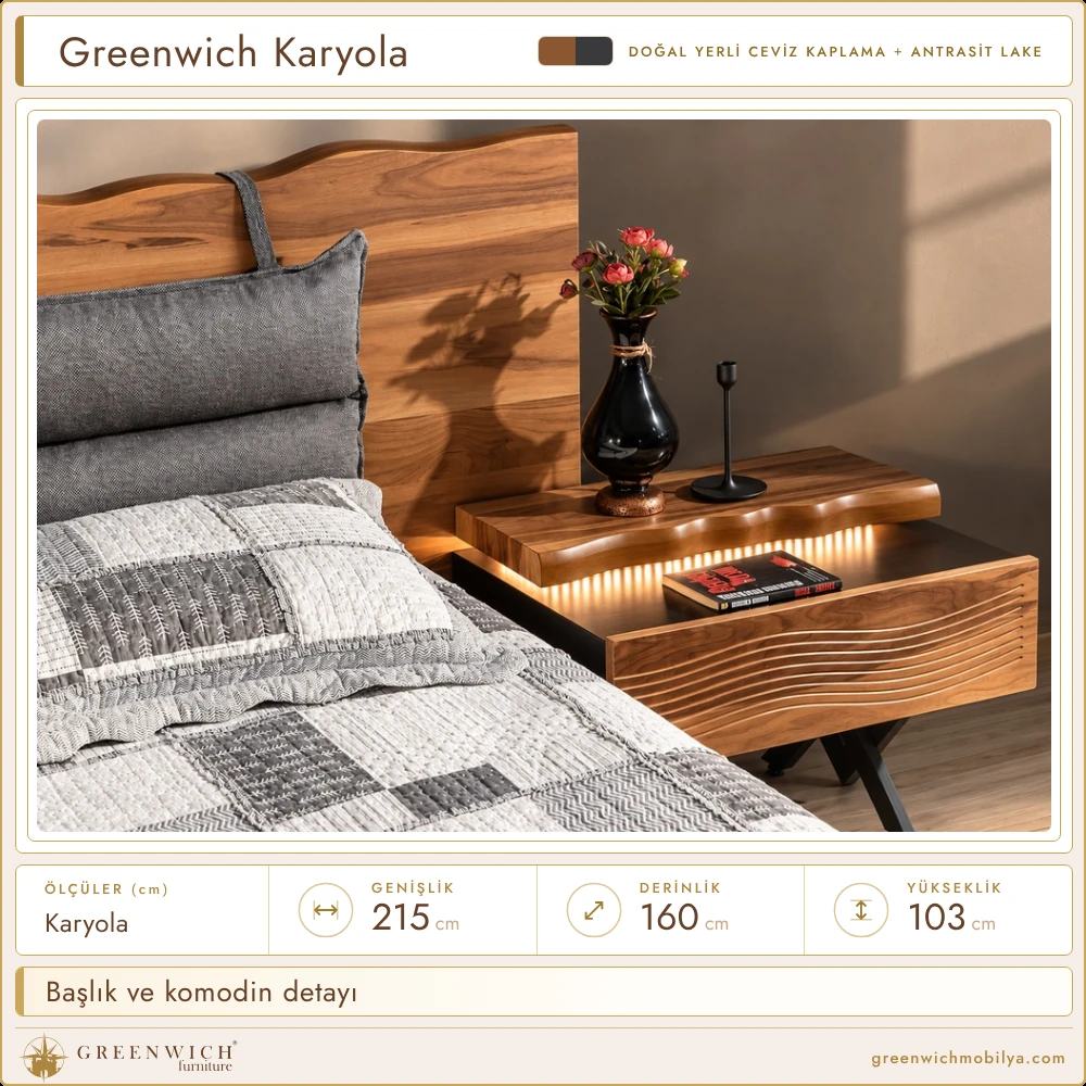 Greenwich karyola, ceviz başlık ve komodin detayı