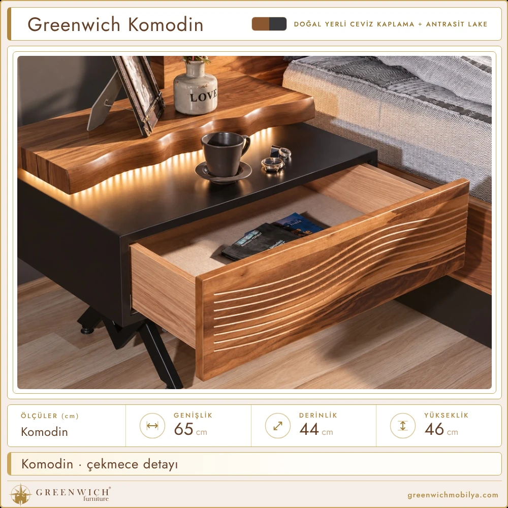 Greenwich komodin, açık çekmece ve LED detayı