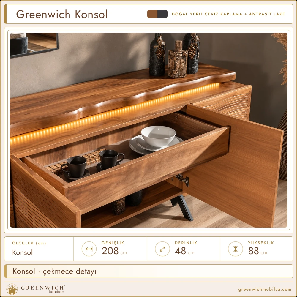 Greenwich konsol, açık çekmece detayı