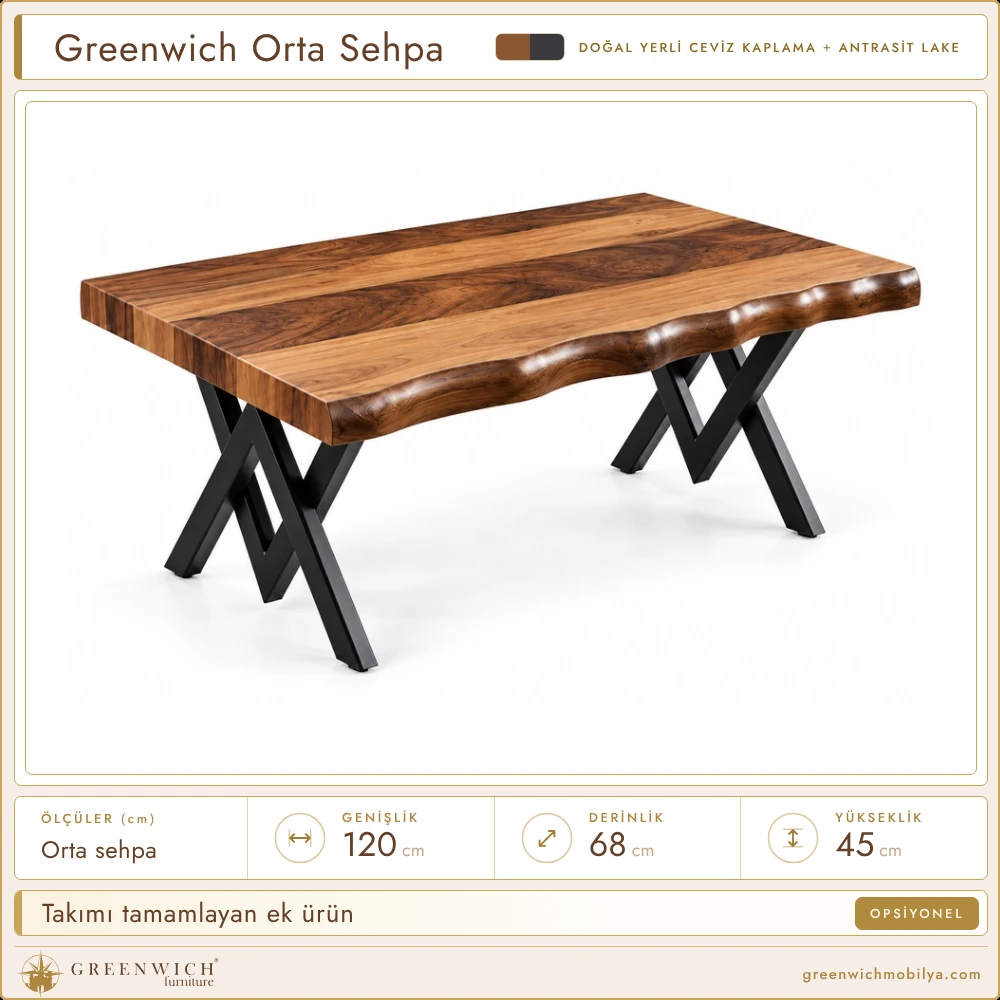 Greenwich orta sehpa, doğal kenarlı ceviz üst ve çelik X ayak
