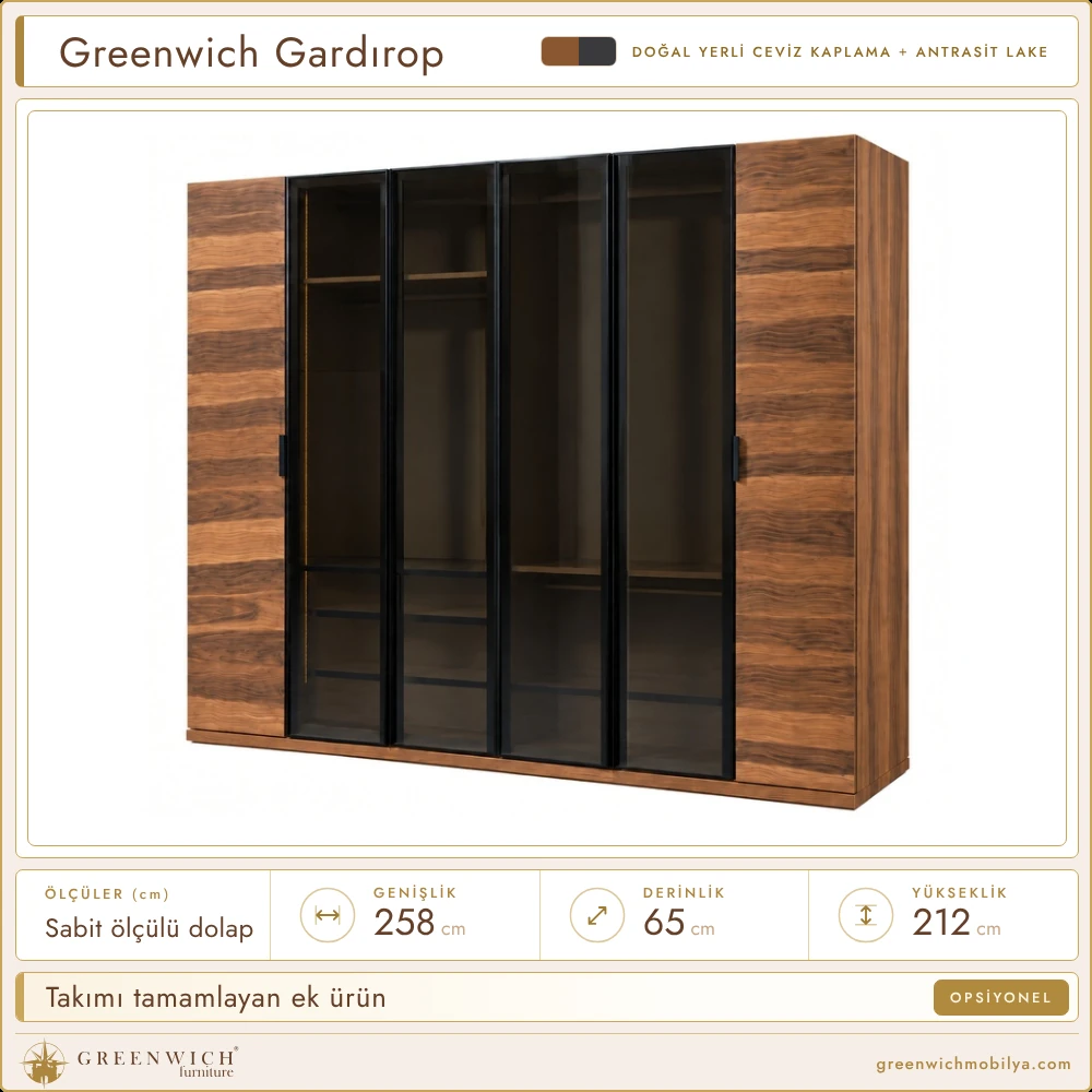 Greenwich sabit ölçülü gardırop, opsiyonel