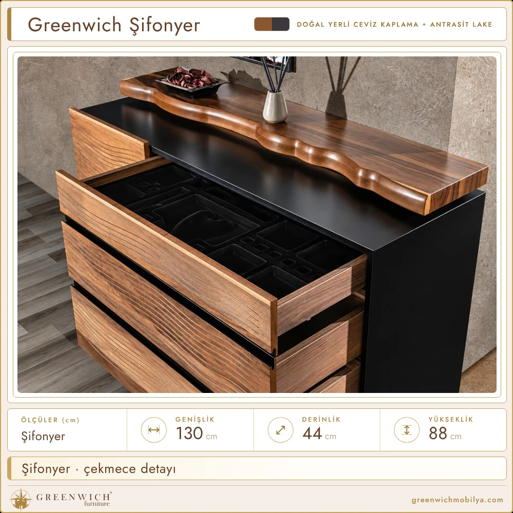 Greenwich şifonyer, açık çekmece detayı