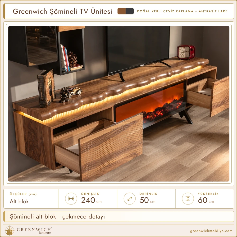 Greenwich şömineli TV ünitesi, çekmece detayı
