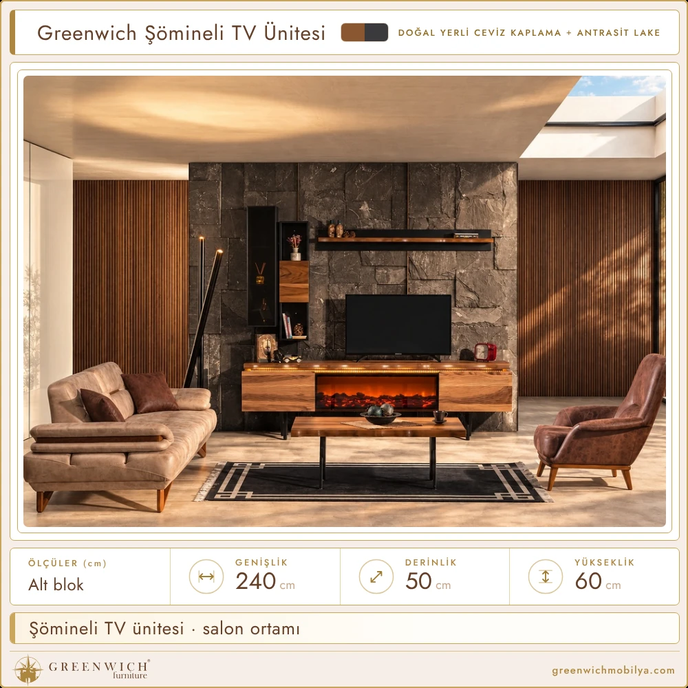 Greenwich şömineli TV ünitesi, salon ortamı