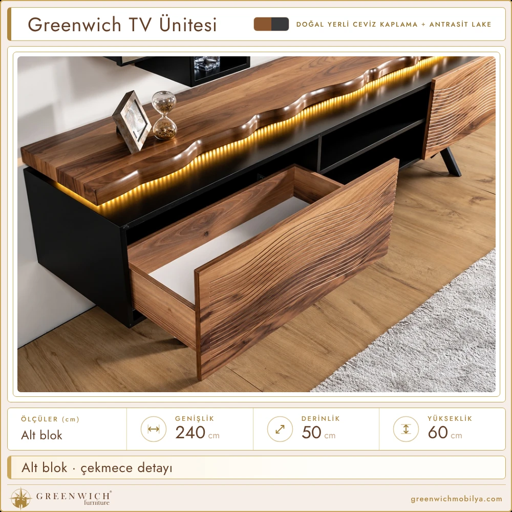 Greenwich şöminesiz TV ünitesi, çekmece detayı
