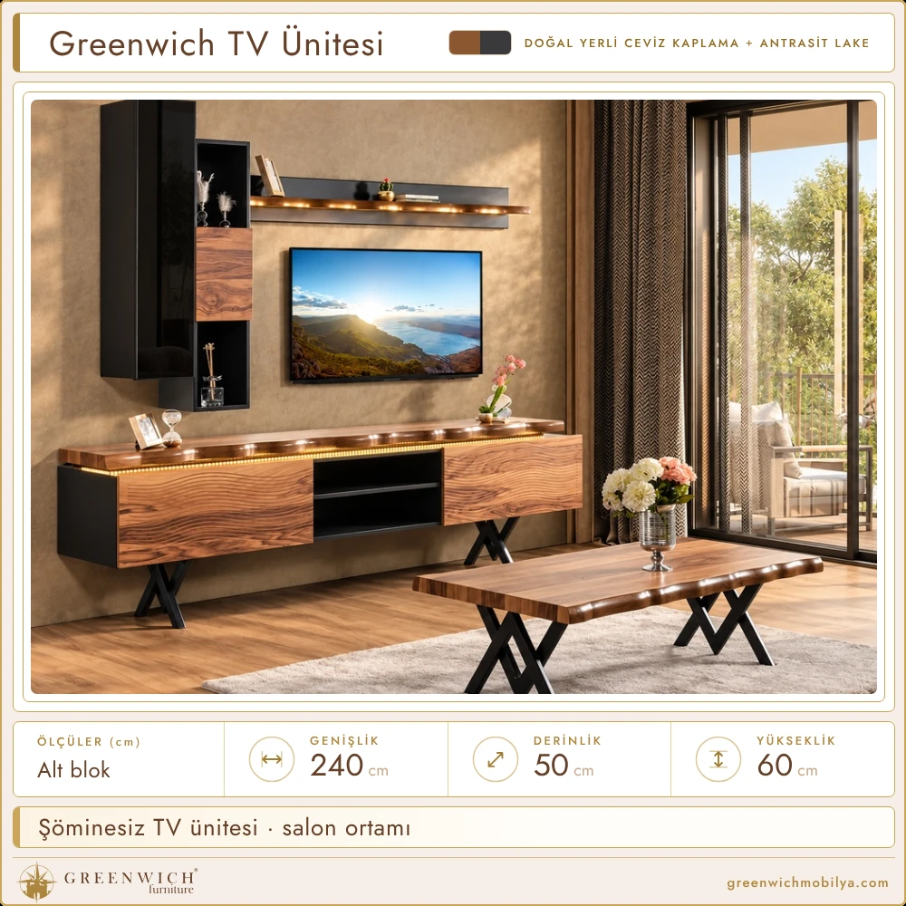Greenwich şöminesiz TV ünitesi, salon ortamı