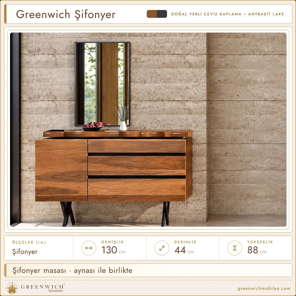 Greenwich aynalı şifonyer, dalga desenli çekmeceler