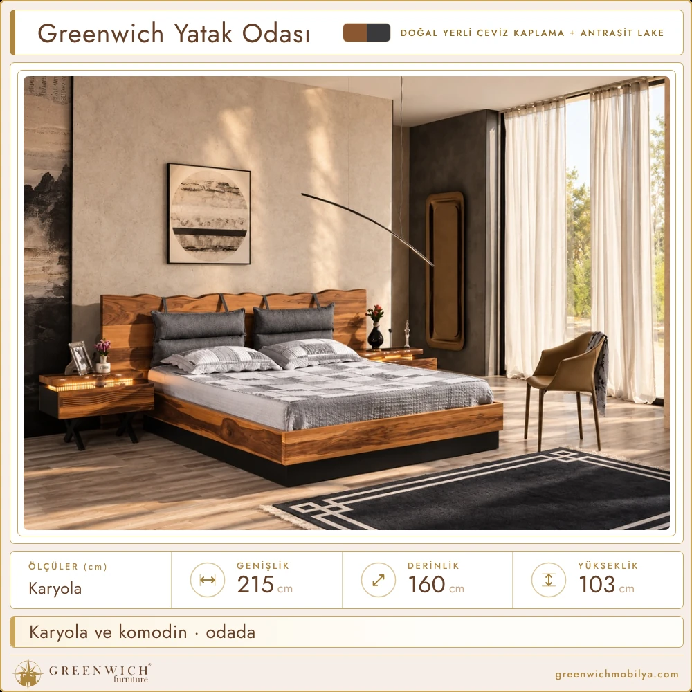 Greenwich yatak odası, karyola ve komodin ortamı
