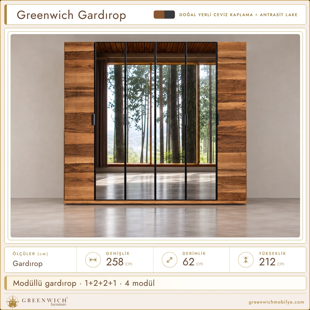 Greenwich modüllü gardırop, aynalı kapaklı, 258 cm