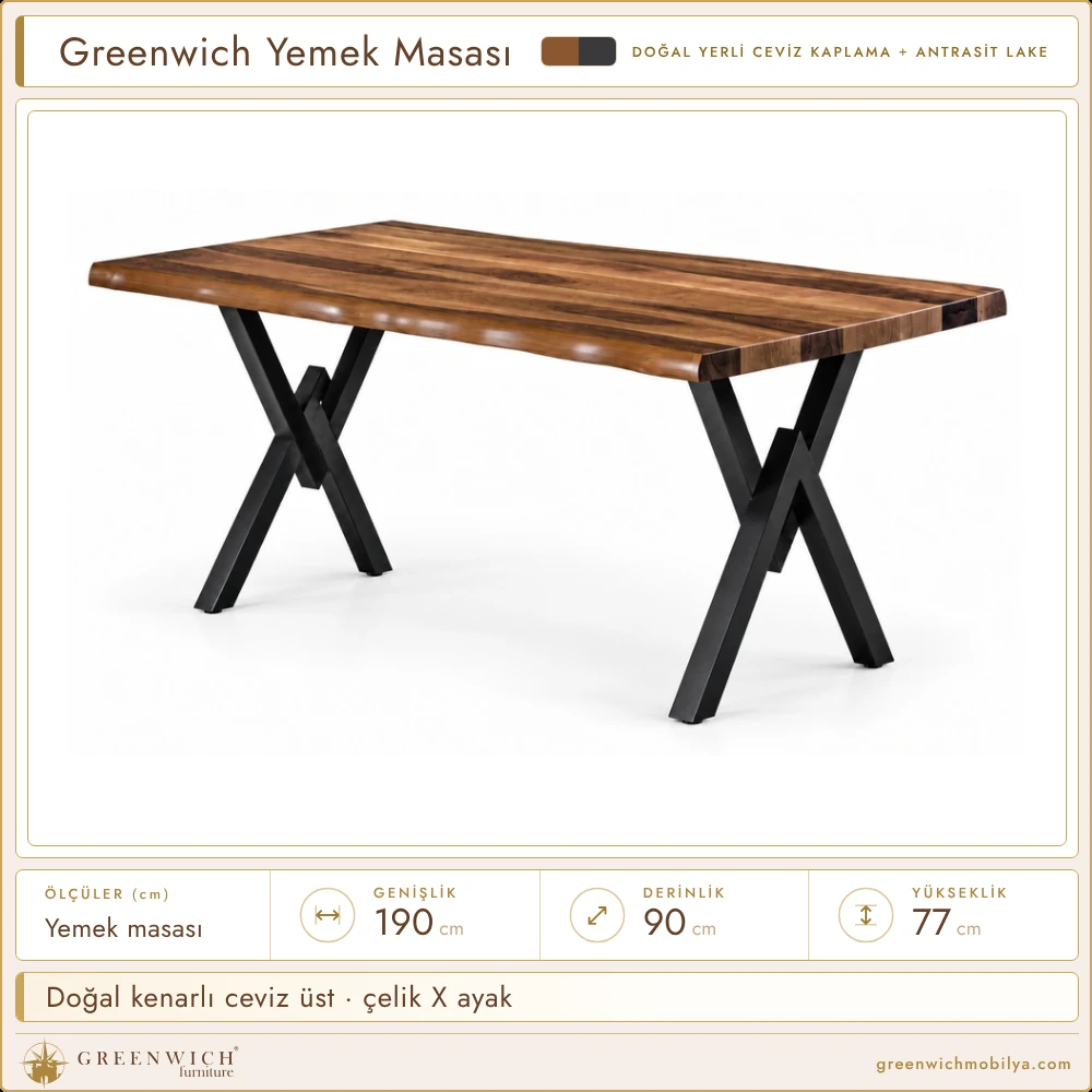 Greenwich yemek masası, doğal kenarlı ceviz üst ve çelik X ayak