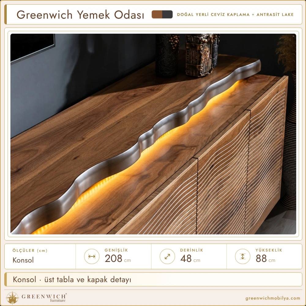 Greenwich yemek odası, konsol köşe ve kapak detayı