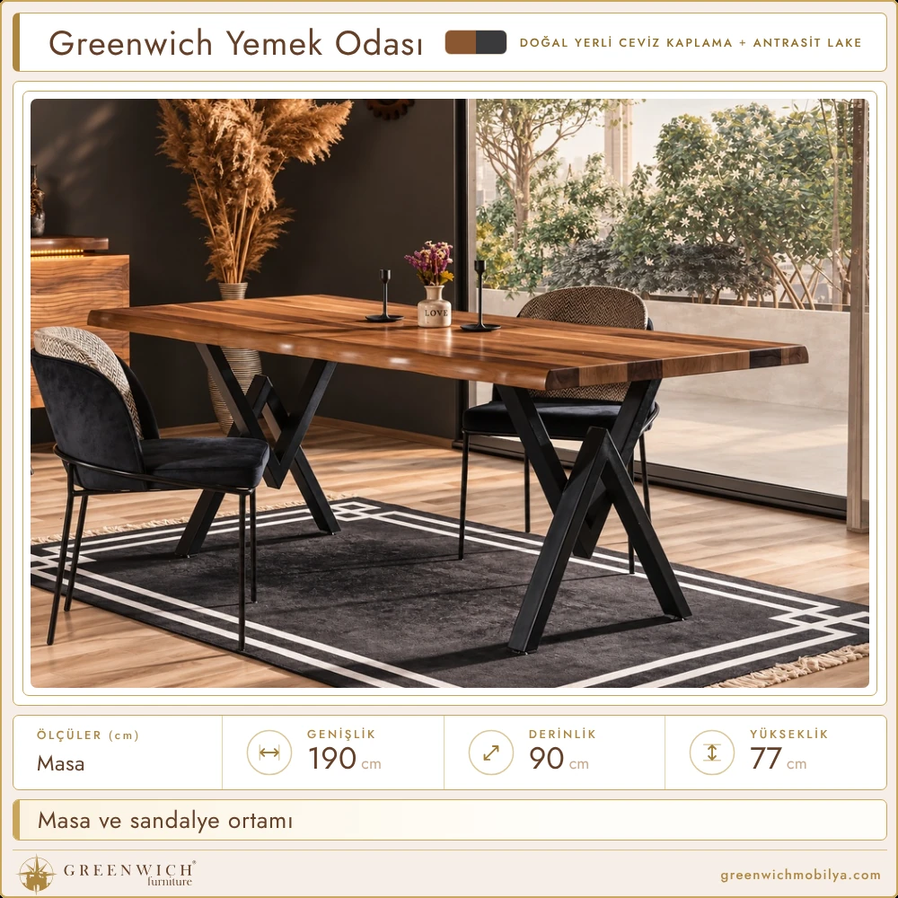 Greenwich yemek odası, ceviz masa ve metal ayaklı sandalye