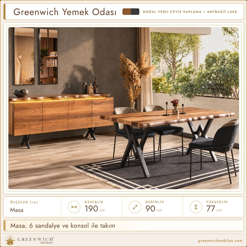 Greenwich yemek odası takımı, masa, sandalye ve konsol ortamı