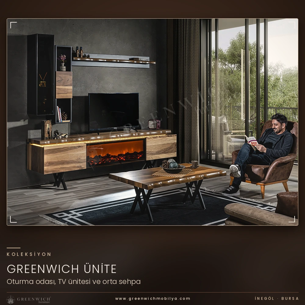 Greenwich TV ünitesi, şömine ve orta sehpa, İnegöl mobilya yaşam odası