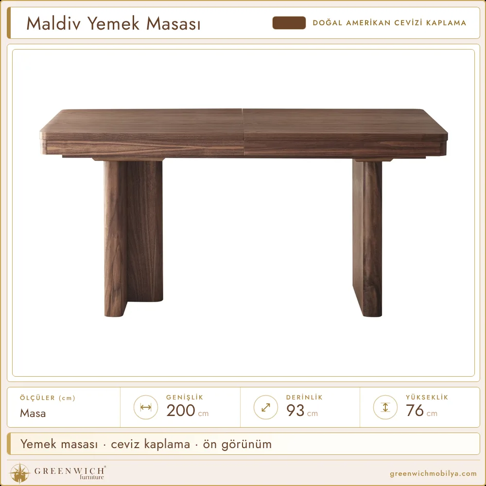 Maldiv Amerikan cevizi yemek masası, ceviz kaplama, ön görünüm